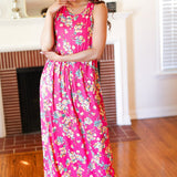 Pink Floral Print Fit and Flare Sleeveless Maxi Dress