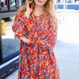 Under Your Spell Rust Floral Tie Front Elastic Bell Sleeve Dress