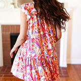 Multicolor Geometric Midi Flutter Sleeve Dress