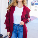 Beautiful You Burgundy Fringe Detail Knit Cardigan