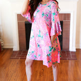 Pink Floral & Animal Print Bell Sleeve Dress