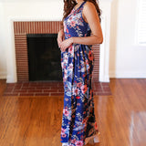 Navy Floral Fit and Flare Sleeveless Maxi Dress