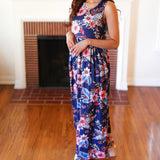 Navy Floral Fit and Flare Sleeveless Maxi Dress