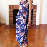 Navy Floral Fit and Flare Sleeveless Maxi Dress