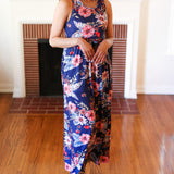 Navy Floral Fit and Flare Sleeveless Maxi Dress