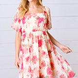 Peach Floral Chiffon Puff Sleeve Dress