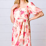 Peach Floral Chiffon Puff Sleeve Dress