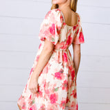 Peach Floral Chiffon Puff Sleeve Dress