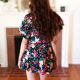 Multicolor Floral Surplice Short Sleeve Pocketed Romper