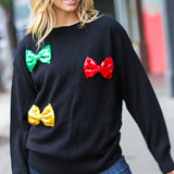 Be Merry Black Multicolor Sequin Bow Knit Sweater