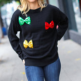 Be Merry Black Multicolor Sequin Bow Knit Sweater