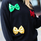 Be Merry Black Multicolor Sequin Bow Knit Sweater