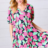 Multicolor Flat Floral Tiered Front Tie Pocketed Dress