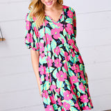 Multicolor Flat Floral Tiered Front Tie Pocketed Dress