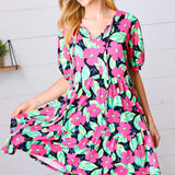 Multicolor Flat Floral Tiered Front Tie Pocketed Dress