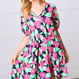 Multicolor Flat Floral Tiered Front Tie Pocketed Dress