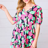 Multicolor Flat Floral Tiered Front Tie Pocketed Dress