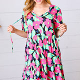 Multicolor Flat Floral Tiered Front Tie Pocketed Dress