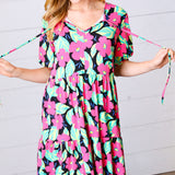 Multicolor Flat Floral Tiered Front Tie Pocketed Dress