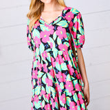 Multicolor Flat Floral Tiered Front Tie Pocketed Dress