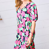 Multicolor Flat Floral Tiered Front Tie Pocketed Dress