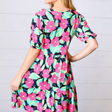 Multicolor Flat Floral Tiered Front Tie Pocketed Dress