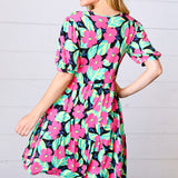 Multicolor Flat Floral Tiered Front Tie Pocketed Dress