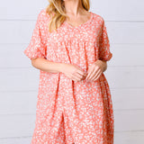 Peach Ditzy Floral Woven Dolman V Neck Dress