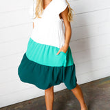 Seafoam & Emerald Tiered Frill Sleeve Midi Dress