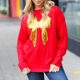 All I Want Red Sequin Bow Embroidery Knit Sweater