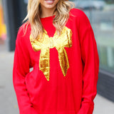 All I Want Red Sequin Bow Embroidery Knit Sweater