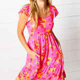 Fuchsia & Orange Tropical Floral Square Neck Dress