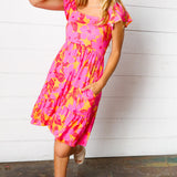 Fuchsia & Orange Tropical Floral Square Neck Dress