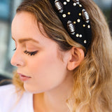 Black Stone & Gem Football Embellished Top Knot Headband