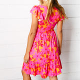 Fuchsia & Orange Tropical Floral Square Neck Dress