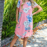 Peach Short Sleeve Big Floral Scalloped Swing Dress