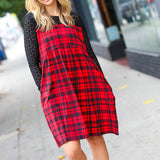 Red & Black Holiday Checker Plaid Eyelet Twofer Midi Dress