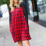 Red & Black Holiday Checker Plaid Eyelet Twofer Midi Dress