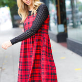 Red & Black Holiday Checker Plaid Eyelet Twofer Midi Dress