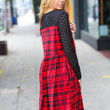 Red & Black Holiday Checker Plaid Eyelet Twofer Midi Dress