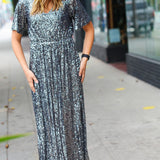 Black Silver Sequin Flutter Sleeve Side Slit Maxi Dress