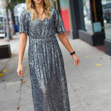 Black Silver Sequin Flutter Sleeve Side Slit Maxi Dress