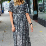 Black Silver Sequin Flutter Sleeve Side Slit Maxi Dress