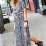 Black Silver Sequin Flutter Sleeve Side Slit Maxi Dress