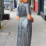 Black Silver Sequin Flutter Sleeve Side Slit Maxi Dress