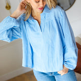 All Of Me Blue Collared Notched Neckline Cotton Top