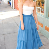 Look of Love Denim Blue Smocked Waist Tiered Chiffon Skirt