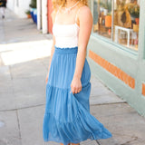 Look of Love Denim Blue Smocked Waist Tiered Chiffon Skirt