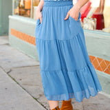 Look of Love Denim Blue Smocked Waist Tiered Chiffon Skirt