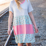 Floral and Stripe Color Block Fit and Flare Rib Dress